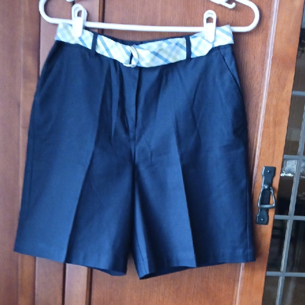 Charter Club Navy Blue High-Waist Pleated Bermuda Shorts with Plaid Belt